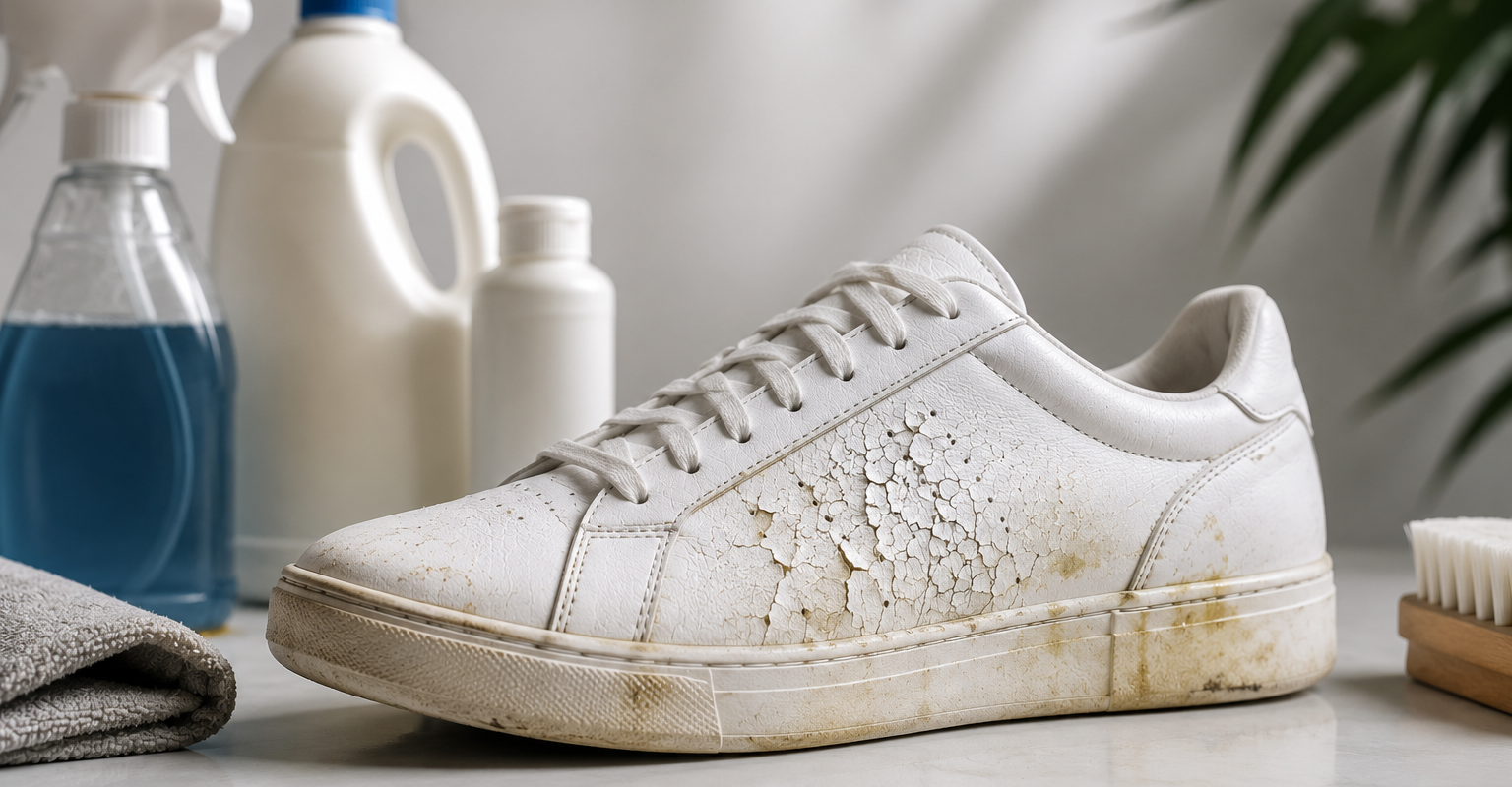 Household cleaning chemicals that can damage leather shoes and premium sneakers instead of using professional sneaker restoration products.