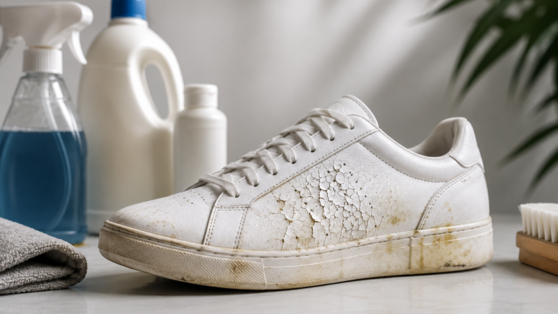 Household cleaning chemicals that can damage leather shoes and premium sneakers instead of using professional sneaker restoration products.